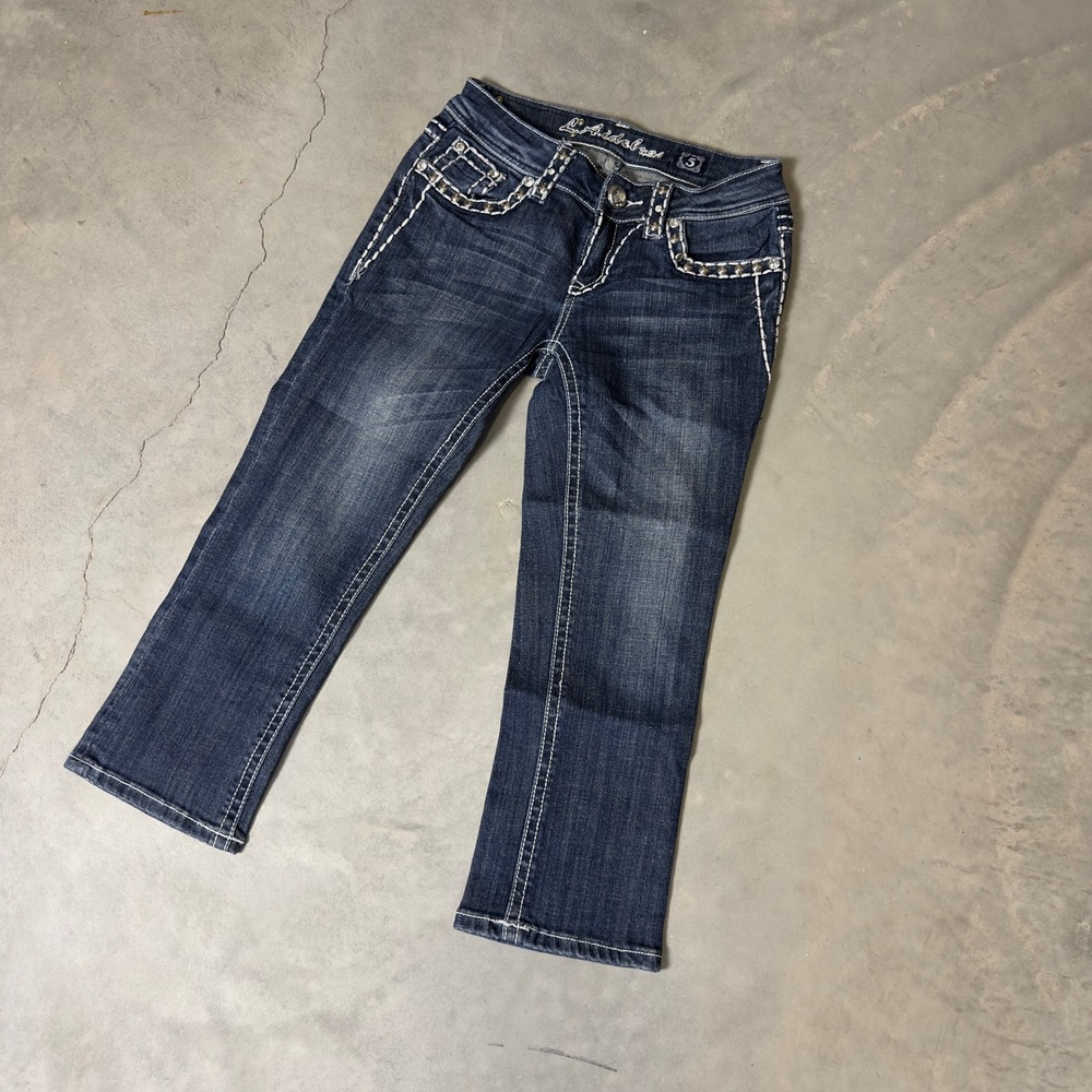 Y2K LA Idol USA Capri Jeans Womens 5 Blue Rhinestone Embellished Baggy Bling